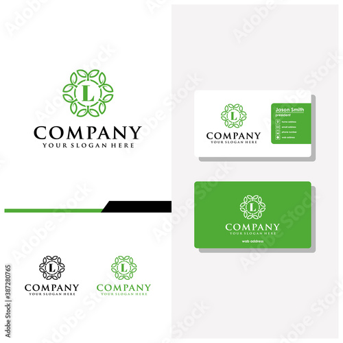 letter L ornament leaf logo design and business card vector