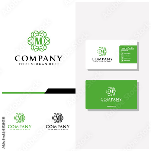 letter M ornament leaf logo design and business card vector