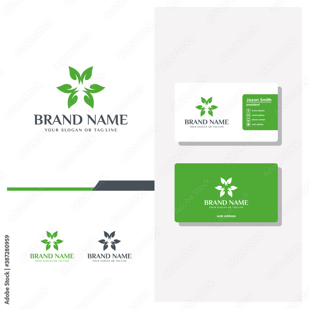 ornament leaf logo design and business card vector
