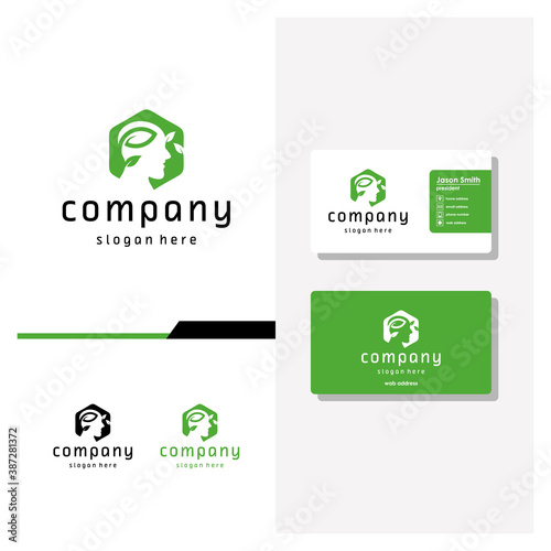 head people leaf logo design and business card vector