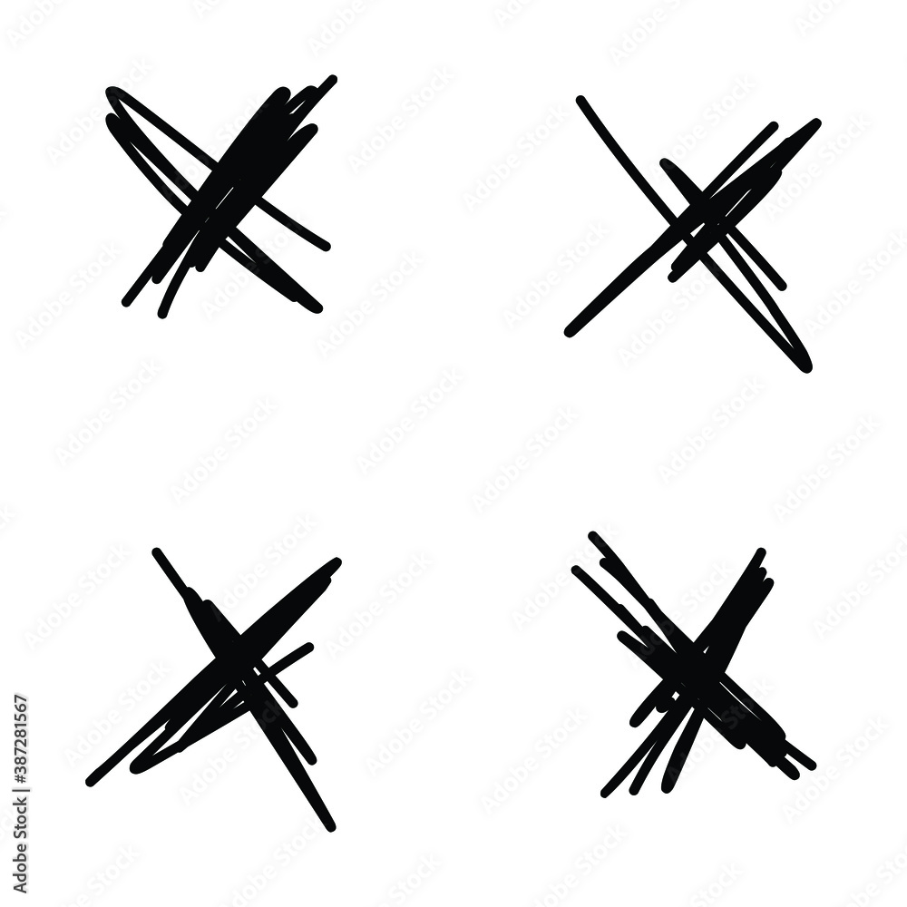 Set of rough hand drawn, handmade elements, rejected x sign isolated on white background EPS Vector