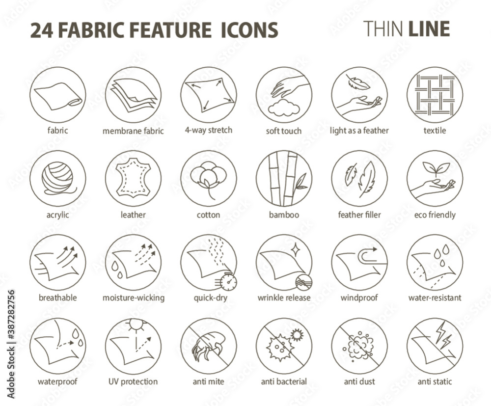 24 Fabric feature thin line icons-Pictograms with editable stroke