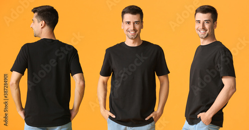 Man in stylish t-shirt on c...