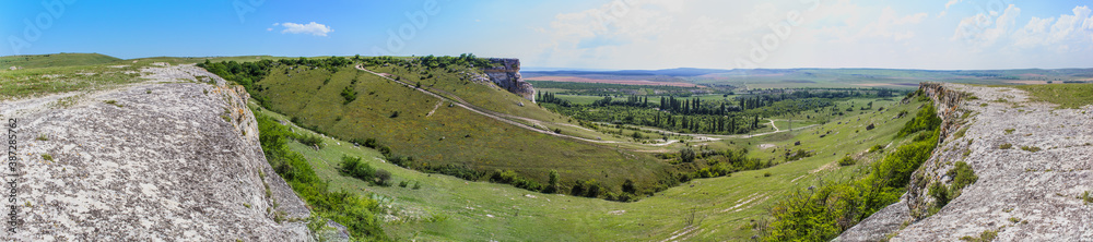 Panorama. Crimea, White rock on a bright sunny day