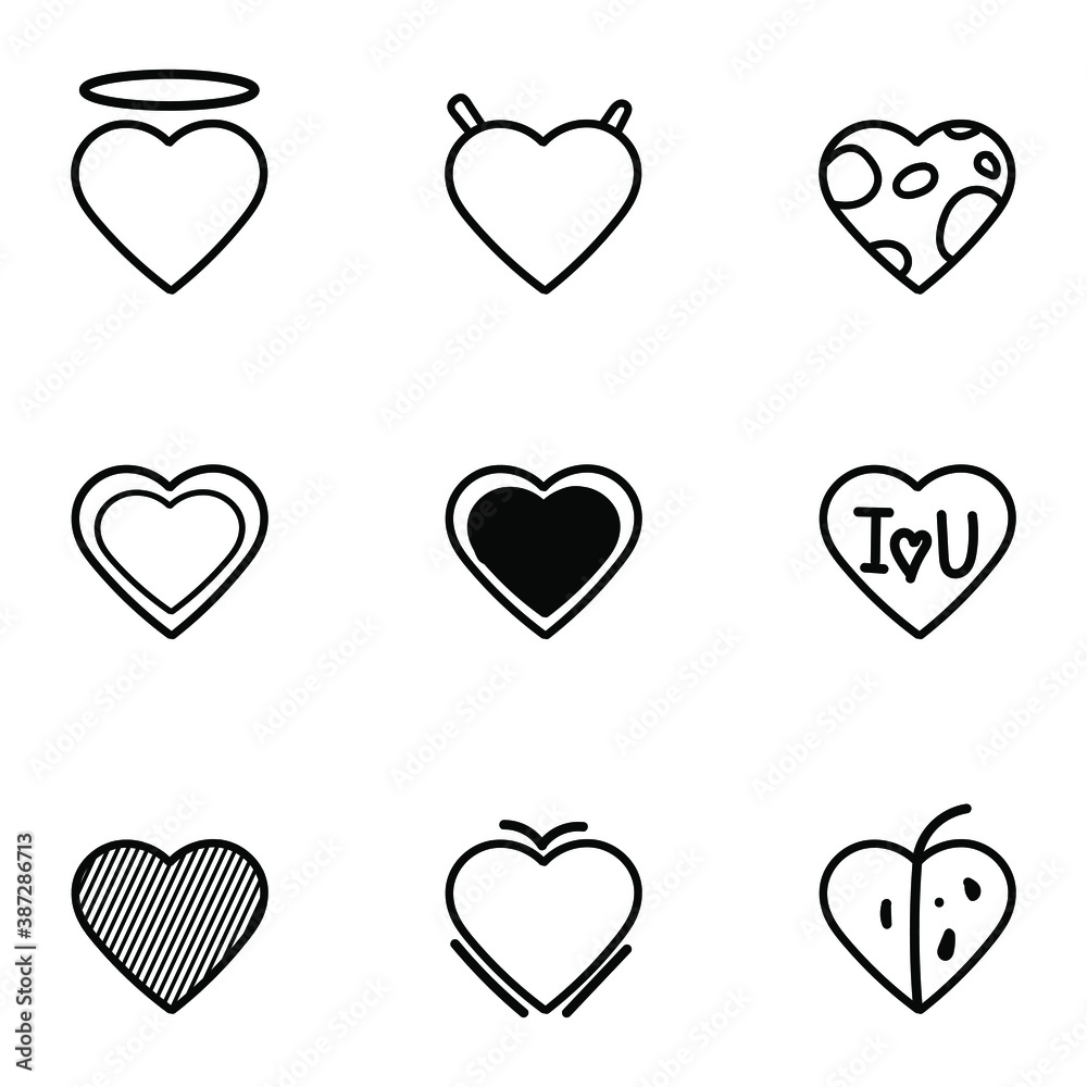 Set of hand drawn heart shapes, different styles, isolated on white background EPS Vector