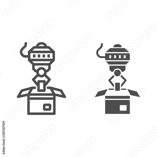 Robot loader line and solid icon, Robotization concept, robotic packaging sign on white background, Industrial mechanical robot arm icon in outline style for mobile and web design. Vector graphics.