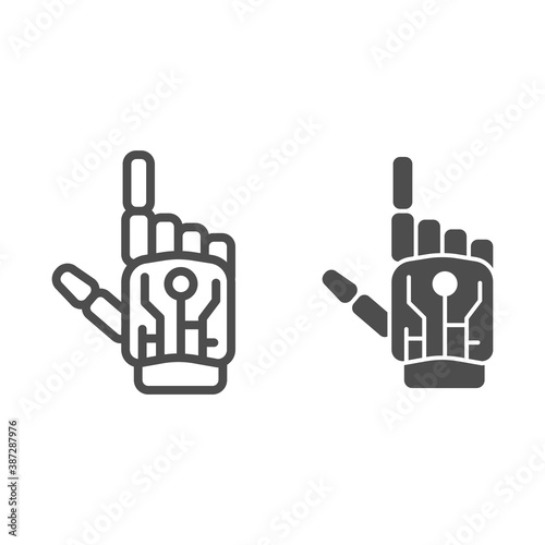 Robot mechanical arm line and solid icon, Robotization concept, robotic hand sign on white background, robotic human hand icon in outline style for mobile concept and web design. Vector graphics.