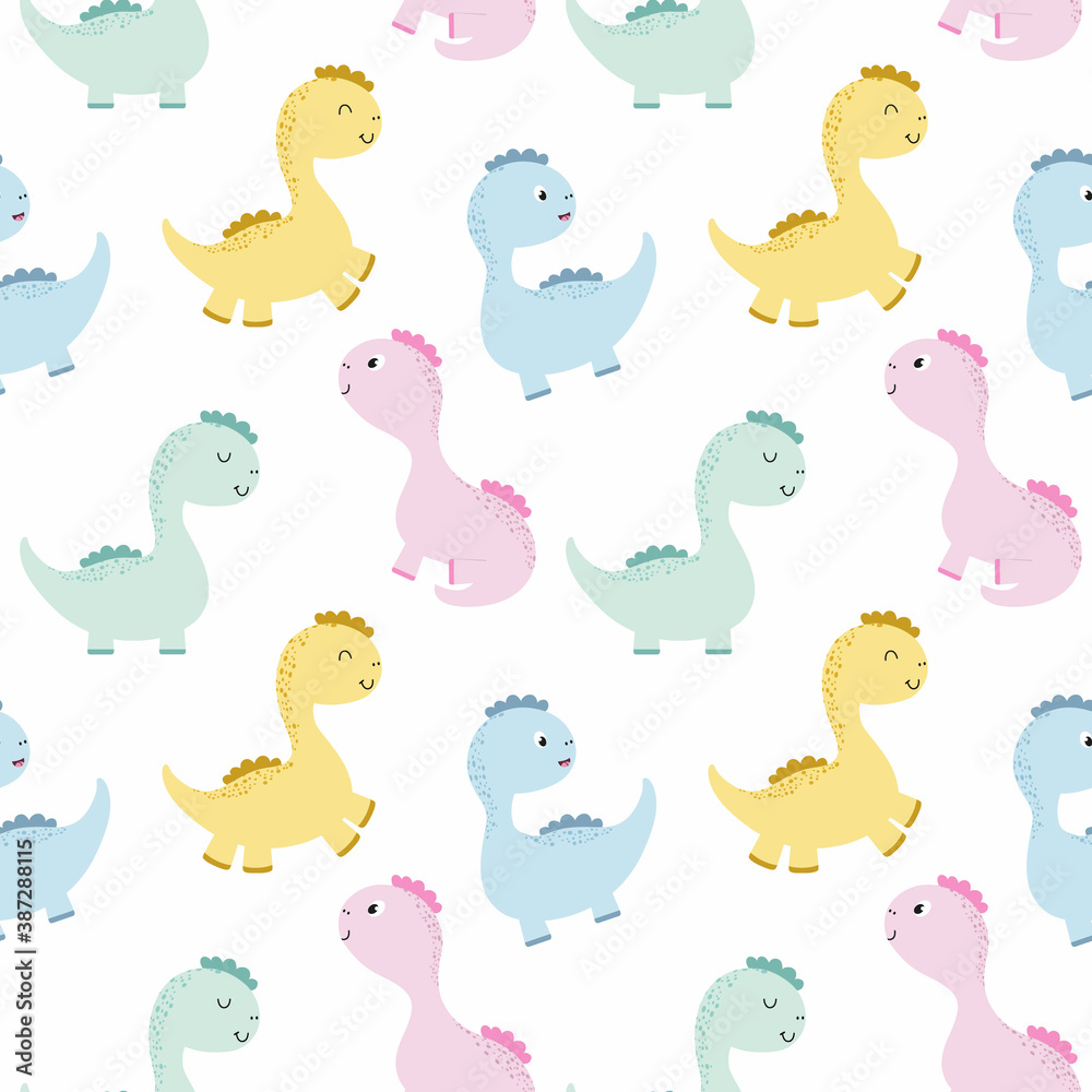 Obraz premium Endless background with cute dinosaurs for baby. Monster, dragon and dinosaur. Vector pattern for printing on Wallpaper, fabric, clothing, packaging paper for birthday.