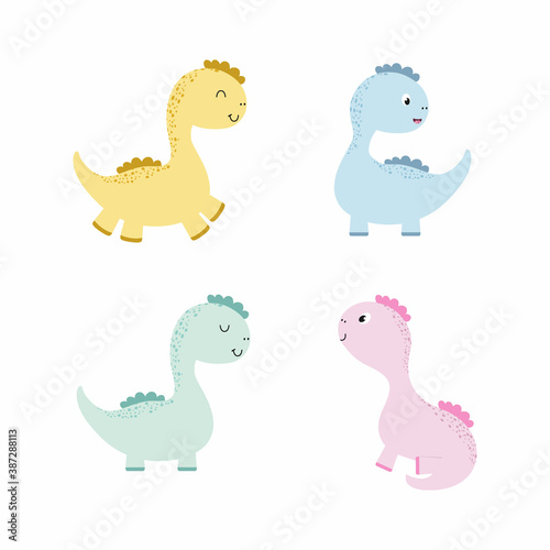 Set of cute dinosaurs. Dinosaurs for kids. Cartoon vector illustration in watercolor color. Drawing for printing on clothes, birthday decoration, postcards, books about dinosaurs and dragons.