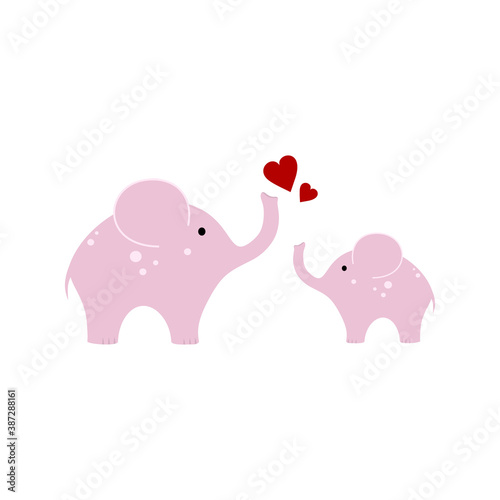 Drawing of a pink elephant for a girl isolated on a white background. Cute children s cartoon illustration. Mom and baby in the world of animals and wildlife. .