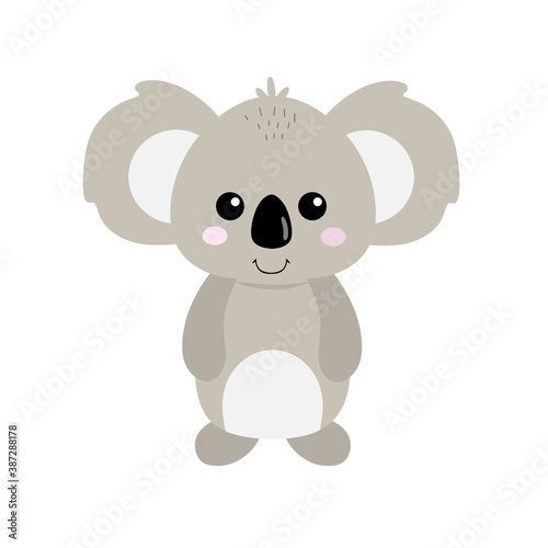 Cute cartoon character Koala bear isolated on white background. Printing for children's party, cards with animals, alphabet for child development. Vector illustration by hand.
