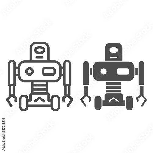 Robot on wheels line and solid icon, Robotization concept, robotic humanoid sign on white background, electronic robot with wheels icon in outline style for mobile and web design. Vector graphics.
