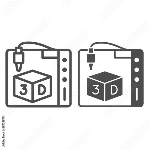 3D printer line and solid icon, Robotization concept, Printing process with ready cube product sign on white background, Printing machine icon in outline style for mobile and web. Vector graphics.