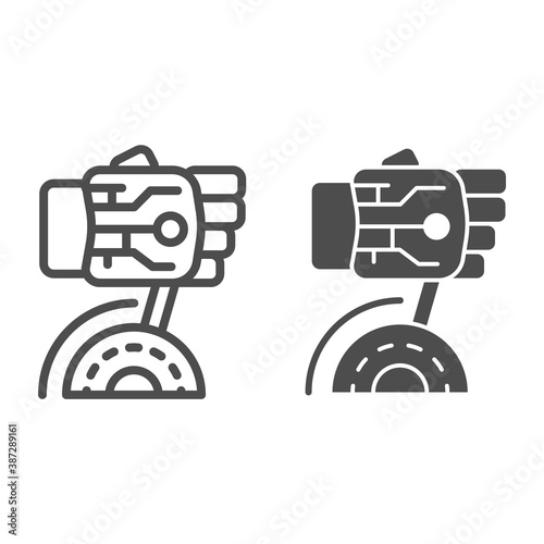 Robot hand turns on switch line and solid icon, Robotization concept, robotic hand sign on white background, robot arm turns on voltage icon in outline style for mobile, web design. Vector graphics.