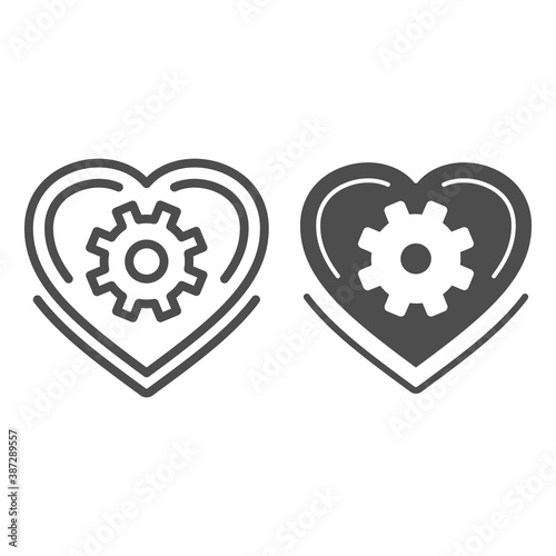 Mechanical heart line and solid icon, Robotization concept, love mechanism sign on white background, heart with gear inside icon in outline style for mobile concept and web design. Vector graphics.