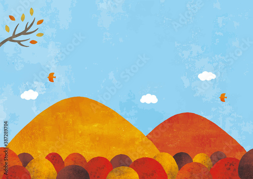 紅葉の山の景色青空水彩