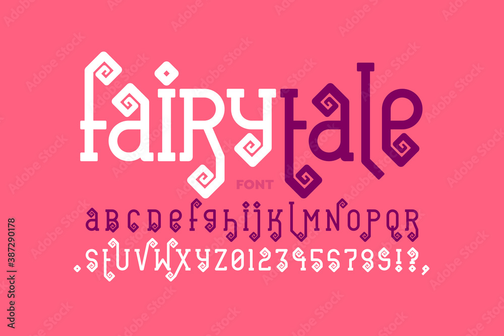 Faitytale style font design, alphabet letters and numbers vector illustration