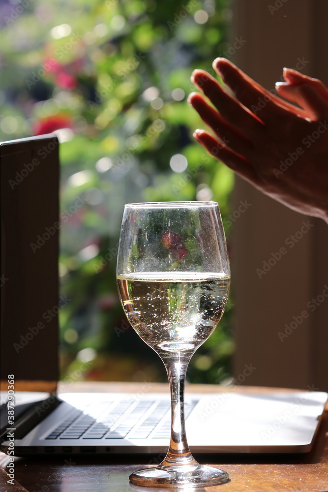 Φωτογραφία Mature woman in home office with laptop and grubby wine glass of white wine