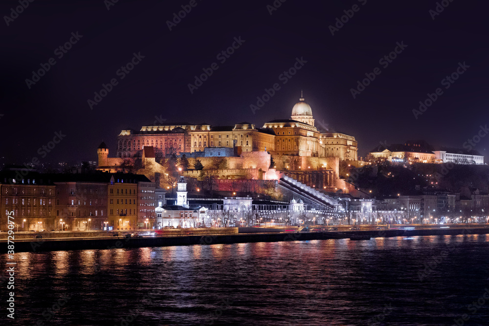 High resolution night photo of Budapest, Hungary. Evening city landscape with the Danube river and Buda Palace.
