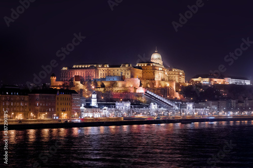High resolution night photo of Budapest, Hungary. Evening city landscape with the Danube river and Buda Palace.