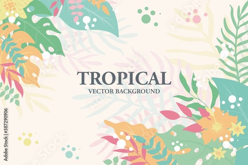 Colorful tropical plants, leaves and flowers background. Horizontal floral frame with space for text 