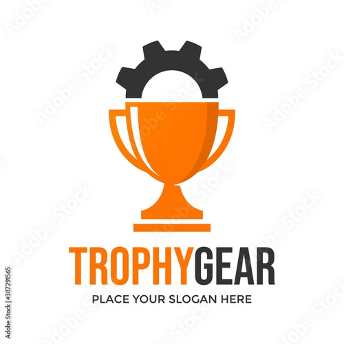 Gear trophy vector logo template. This design use winner symbol. Suitable for tournament.