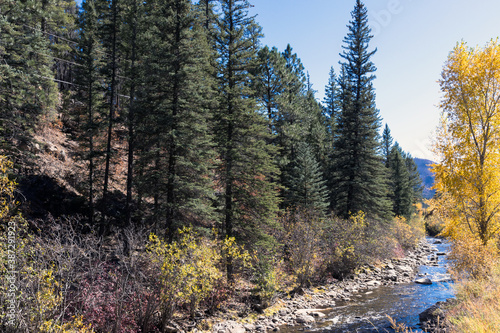 Pecos River in autumn in the Santa Fe National Forest of New Mexico is a great place to hike along the water and beautiful rocks