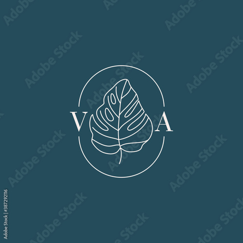 Monstera leaf Monogram design in simple minimal linear style. Vector Exotic Floral Emblem with Tropical leaves for Beauty, SPA salon, Creative Studio