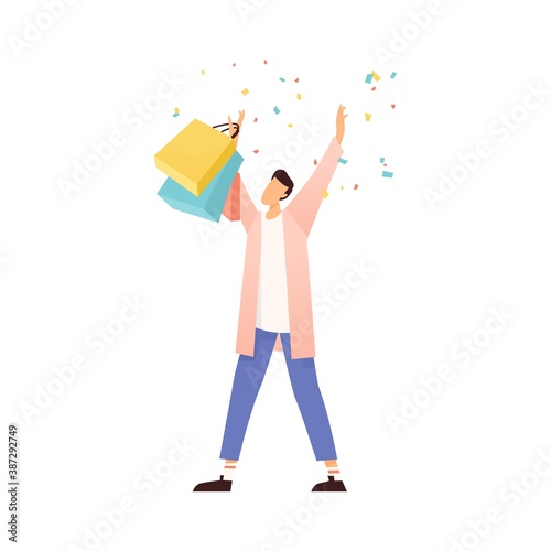 Faceless excited person enjoy shopping. Man holding paper bags with raised ha...