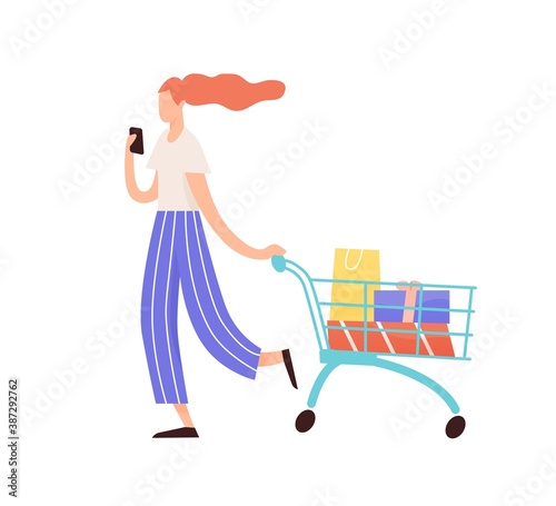 Female faceless person messaging on mobile phone while carrying trolley with shopping bags. Woman with purchases and gifts. Flat vector illustration of young consumer isolated on white