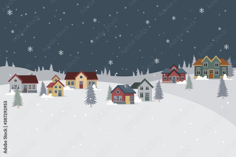 Christmas town with scenery winter nature landscape, Cute christmas village with flat style
