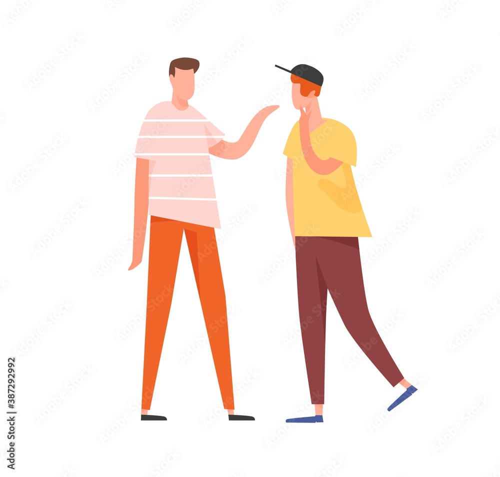 Two young people speaking together. Teenage or adult male characters talking. Scene of dialog between cartoon faceless men. Flat vector illustration isolated on white background