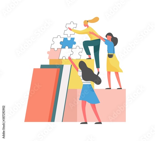 Concept of mutual partnership or teamwork between partners or coworkers. Team of women help each other to climb career ladder. Flat vector illustration of supporting characters isolated on white
