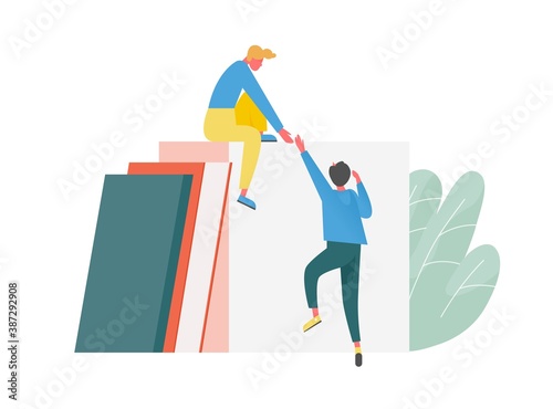 Concept of mutual ascending, support and teamwork between partner or coworker. Leader help newcomer to climb career ladder. Work relations between colleagues. Flat vector cartoon illustration