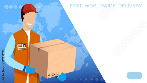 fast delivery of goods all over the world. Delivery service worker with cardboard box in his hands on background of world map. Concept delivery of parcels and mail. Vector