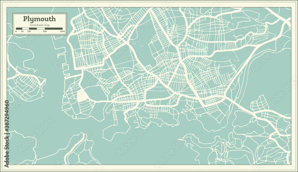 Fototapeta premium Plymouth Great Britain (United Kingdom) City Map in Retro Style. Outline Map.