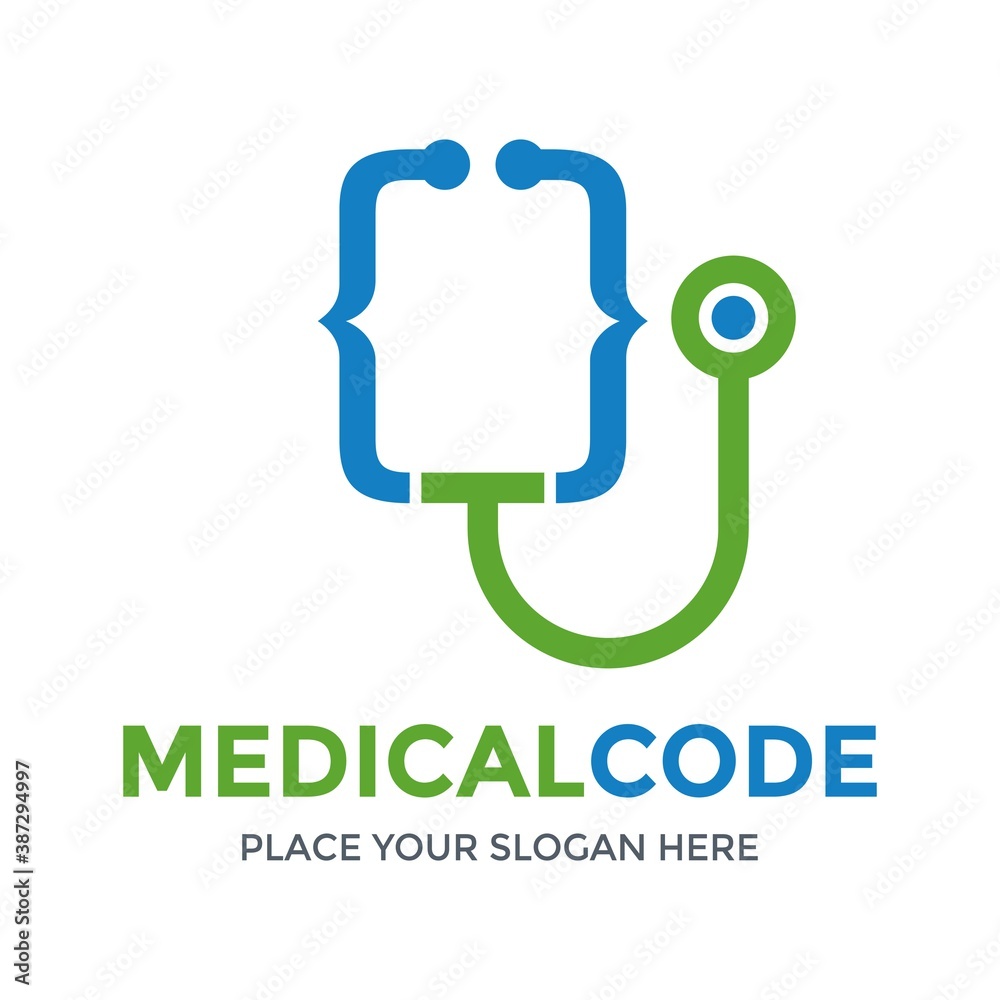 Medical code vector logo template. This design use stethoscope symbol. Suitable for medical or developer.