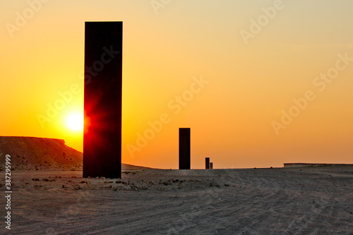 Sunset at East West Sculpture, Qatar. No people, space for copy.