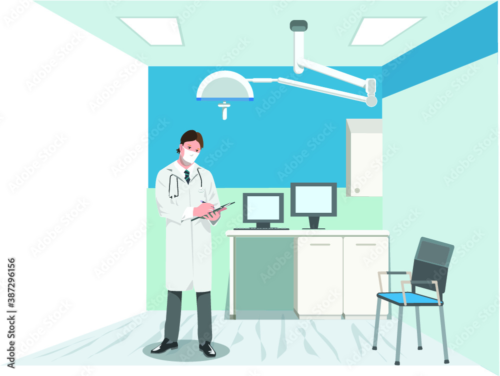 Doctor wearing mask and doctor suit checking list in hospital clinic room with equipment. Doctor wearing mask and doctor suit checking list in hospital clinic room with equipment.