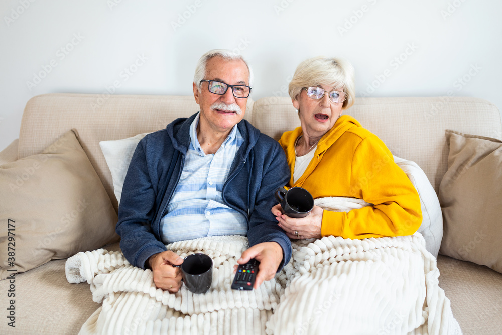 Senior couple watching television at home, sitting on sofa, covered with blanket. Senior couple watching television at home, sitting on sofa, covered with blanket.