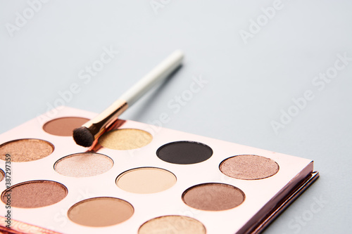 makeup brushes eyeshadow collection professional cosmetics on gray background