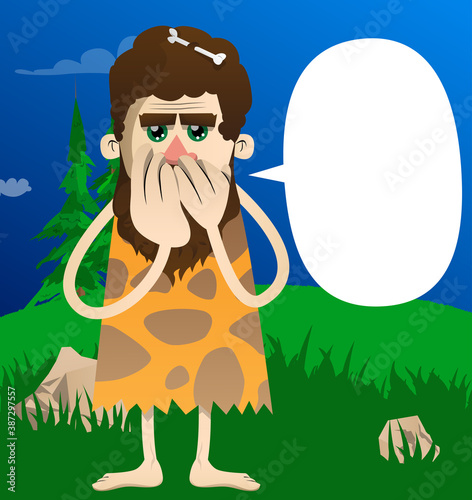 Cartoon caveman with hands over mouth. Vector illustration of a man from the stone age.