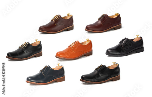 Men fashion black shoes leather with clipping path isolated on white background. Side view