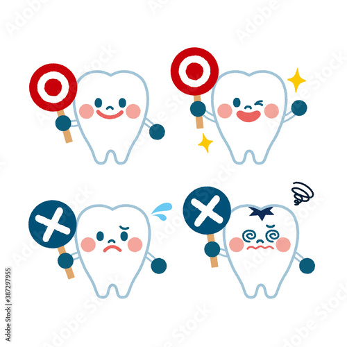 マルバツ札を持っている歯のキャラクターイラスト