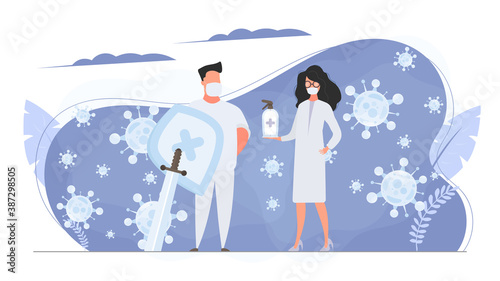 The male and female doctor are surrounded by viral molecules. Medics in medical masks. Spray. Disinfectant in flat style. Vector.