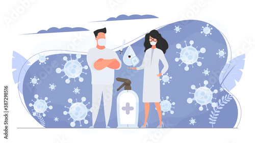 The male and female doctor are surrounded by viral molecules. Medics in medical masks. Spray. Disinfectant in flat style. Vector.