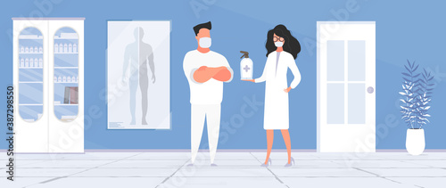 Man and Girl doctor. Medics in medical masks. Spray bottle.  Medical office. Doctor's office. Cabinet, medicines. Vector. 