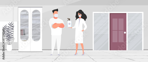 Man and Girl doctor. Medics in medical masks. Spray bottle.  Medical office. Doctor's office. Cabinet, medicines. Vector. 