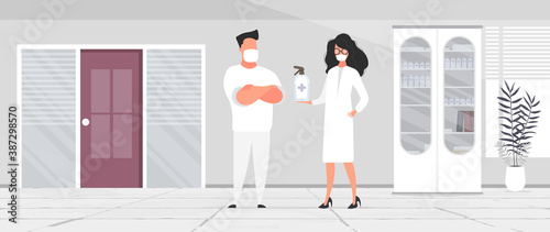 Man and Girl doctor. Medics in medical masks. Spray bottle.  Medical office. Doctor's office. Cabinet, medicines. Vector. 