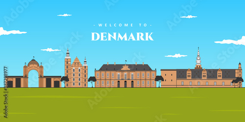 Denmark panoramic view landscape. Aerial skyline in Copenhagen, Denmark. World vacation travel Europe European collection. Illustrated collection of famous landmark in Denmark